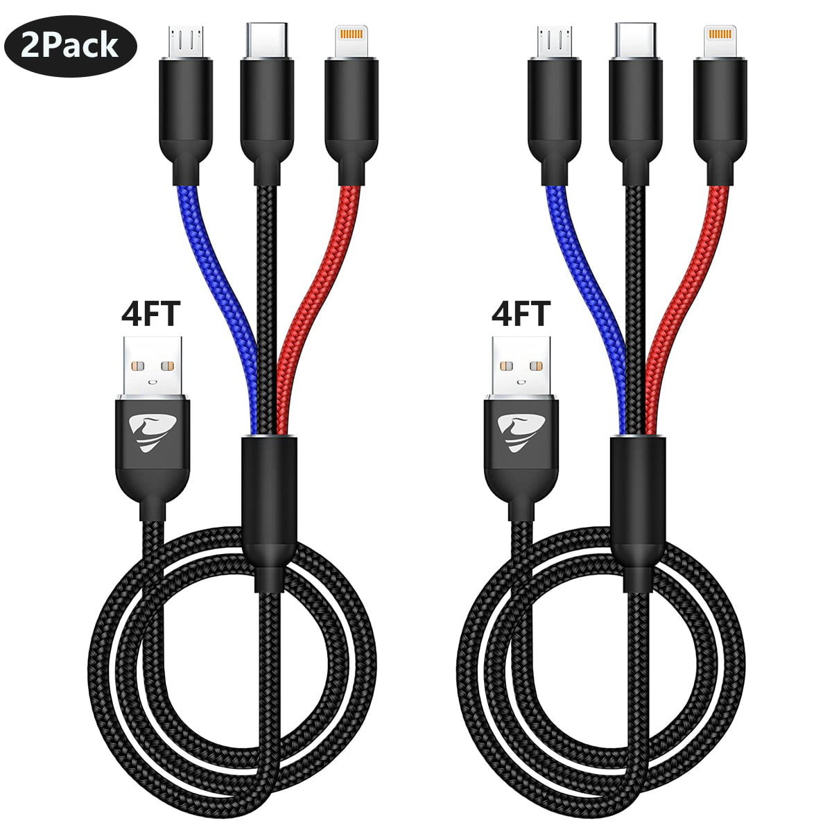 2Pack 4FT Multi Charging Cable, 3 in 1 Multi Charger Cable Nylon Braided Charging Cable Multi USB Cable Fast Charging Cord with Type C